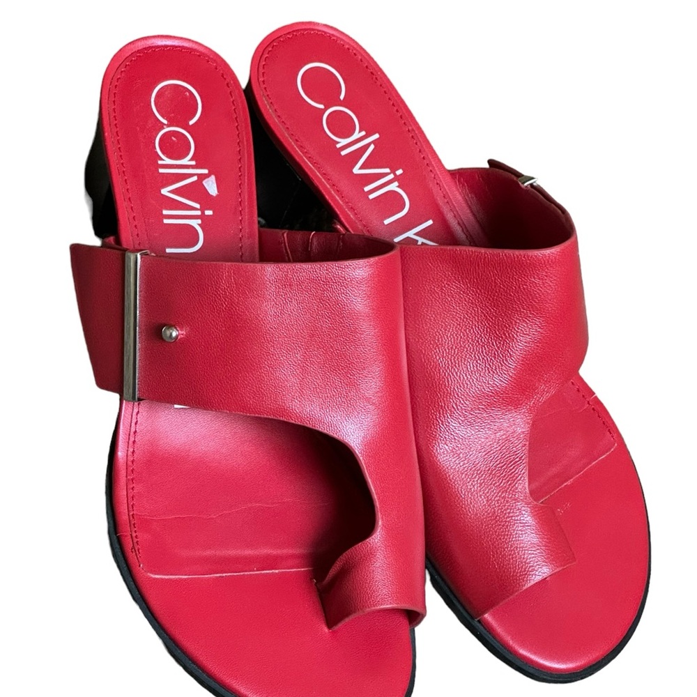 Calvin Klein ladies red leather square heels shoes size 9 - Picture 2 of 8